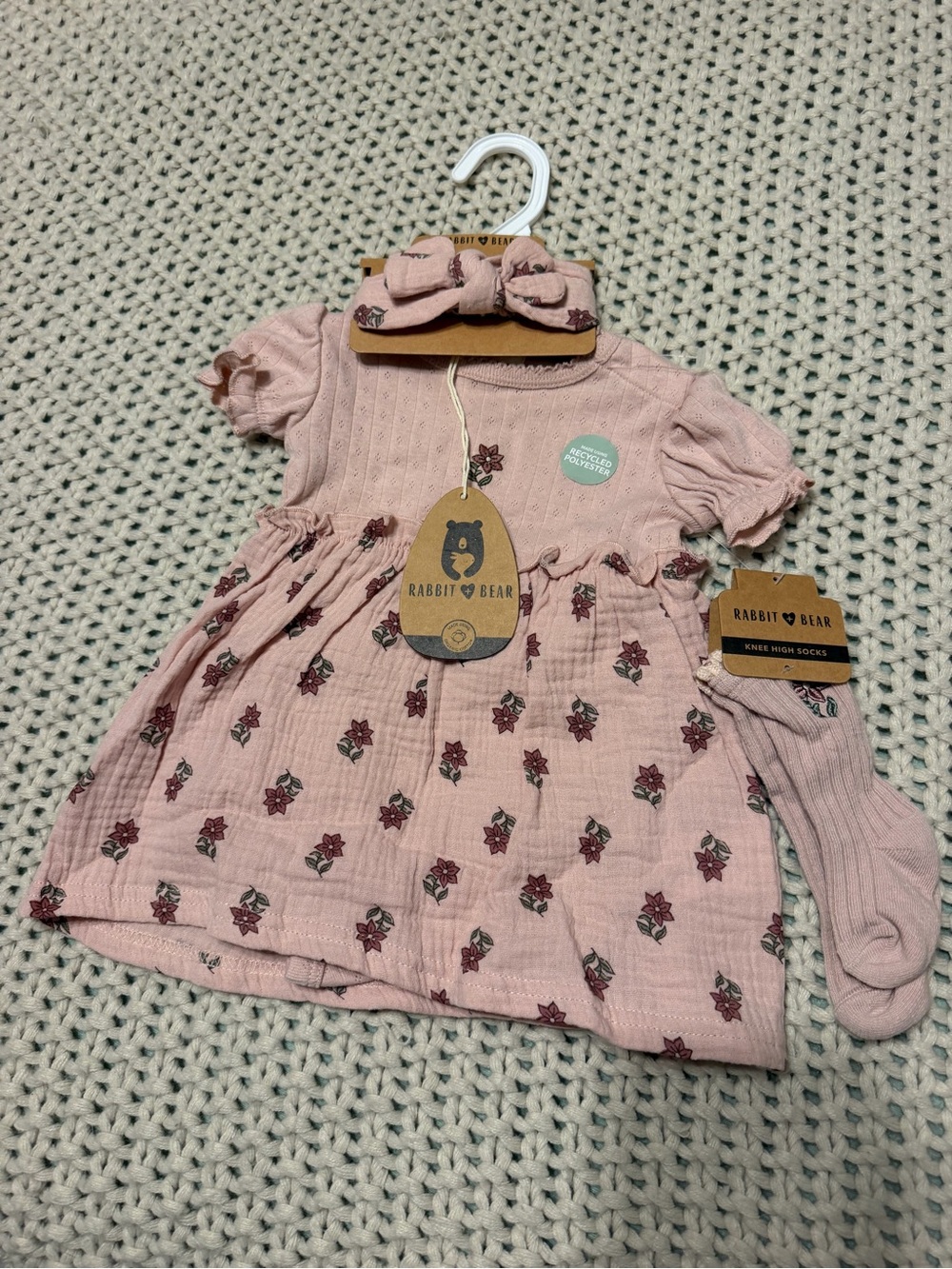 Rabbit & Bear Pink Floral Baby Dress with Matching Headband & socks